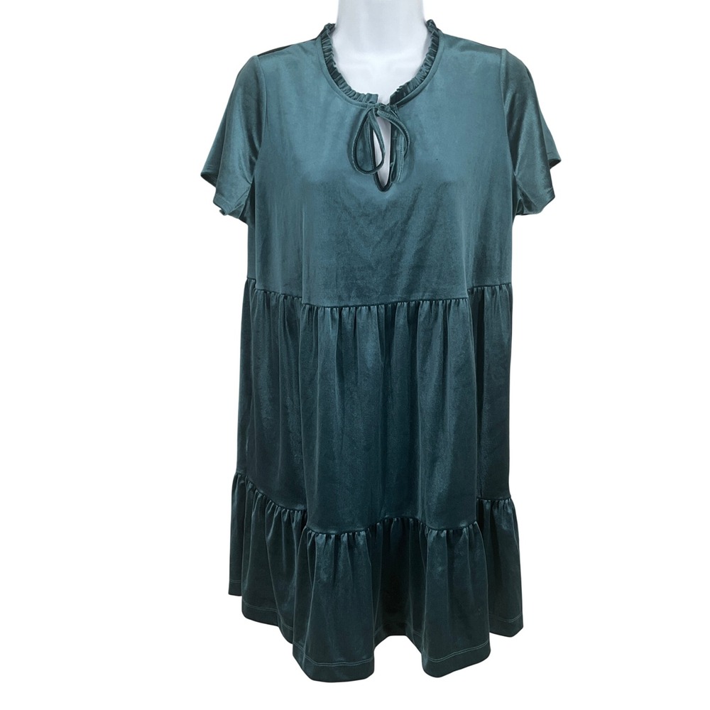 LC Lauren Conrad Dress Womens Sz M Teal Green Velvet Tiered Babydoll‎ Boho Party